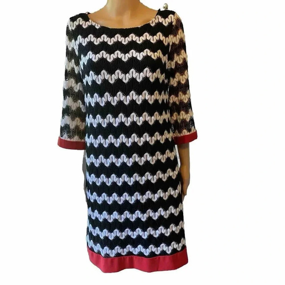 Sandra Darren womens Tunic Dress 12 Black white midi striped red Mesh Party Date - Picture 1 of 7
